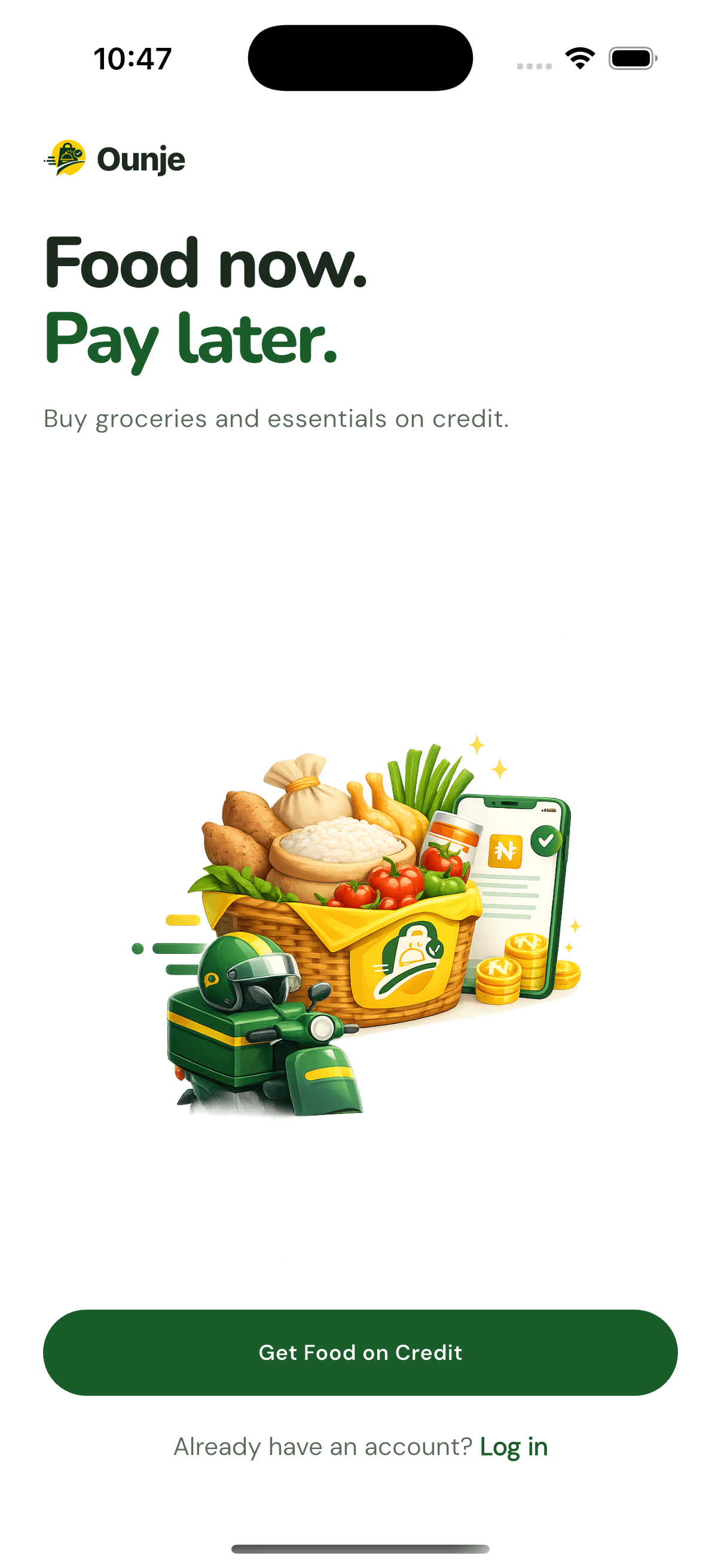 Ounje app onboarding screen: Food now, Pay later — buy groceries and essentials on credit